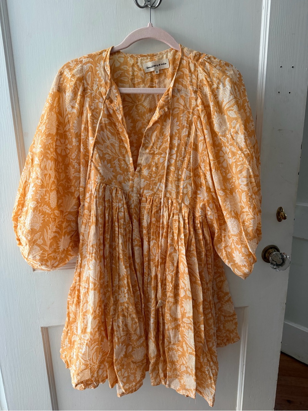 Daughters of India Yellow Floral Mini Dress with Puff Sleeves